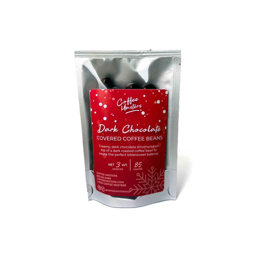 Silver packaging of dark chocolate covered coffee beans with a red label on a white background